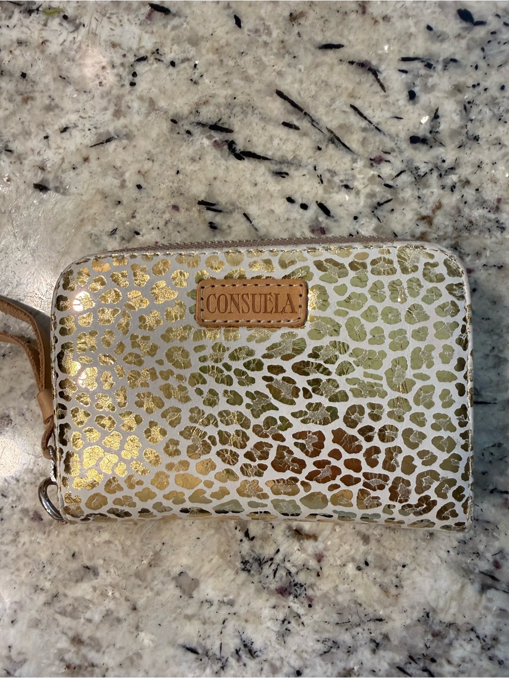 Consuela Metallic Gold Leopard Zip Wristlet